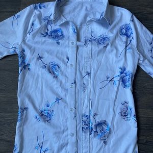 White Button Up with Reflective Blue Roses